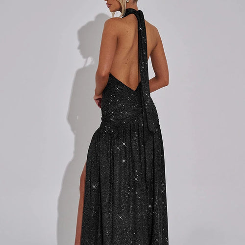 Load image into Gallery viewer, Glitter Deep V Neck Sexy Maxi Dress For Women 2025 Fashion Sparkle Halter Sleeveless Backless Split Club Long Dress
