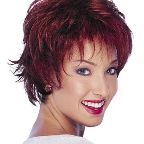 Load image into Gallery viewer, Synthetic Natural Wigs for Women Short Pixie Cut Wig Wine Red Hairstyle Mommy Wig with Bangs Heat Resistant Lady Wig
