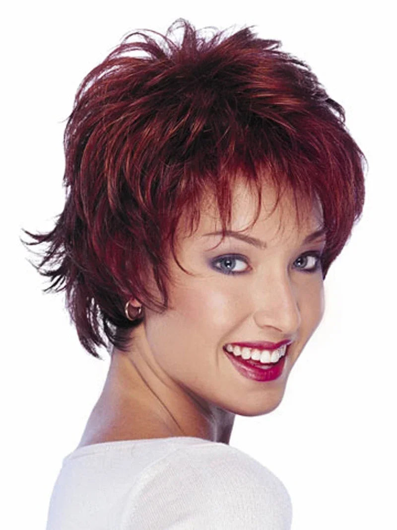 Synthetic Natural Wigs for Women Short Pixie Cut Wig Wine Red Hairstyle Mommy Wig with Bangs Heat Resistant Lady Wig