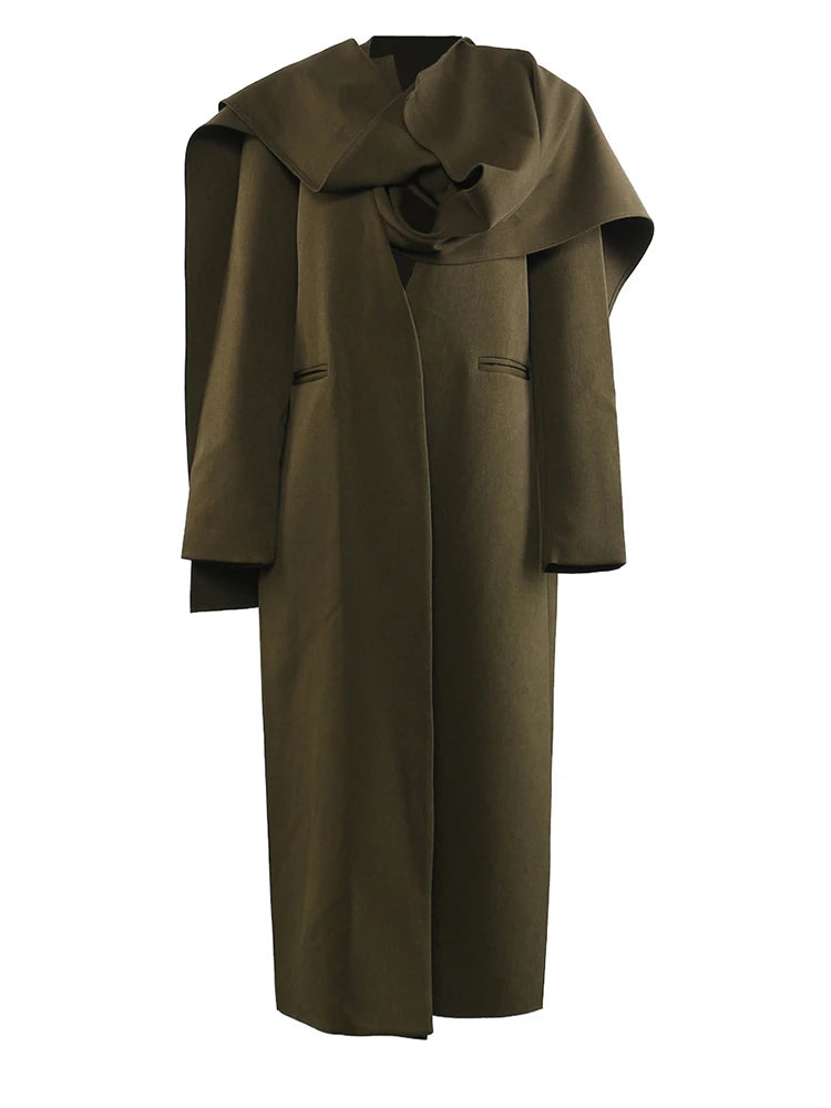 Women Army Green Big Size Long Elegant Blazer New Scarf Collar Long Sleeve Jacket Fashion Tide Spring Autumn 2025 1DH9827