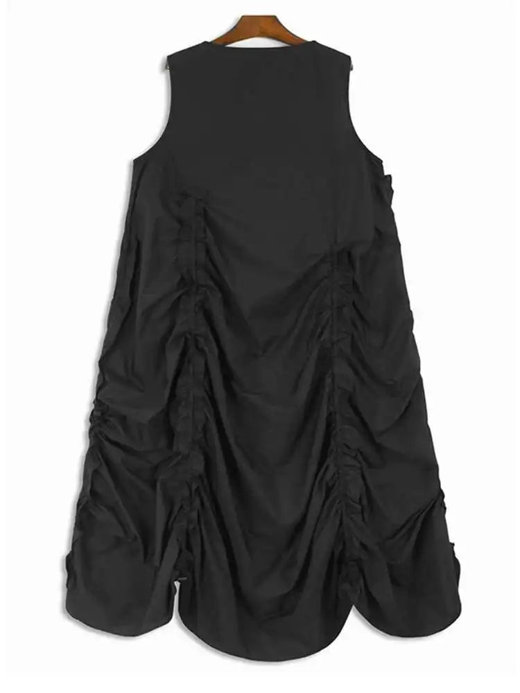 Women Black Irregular Drawstring Big Size Long Dress New Round Neck Sleeveless Fashion Tide Spring Summer 2025 1DH6574