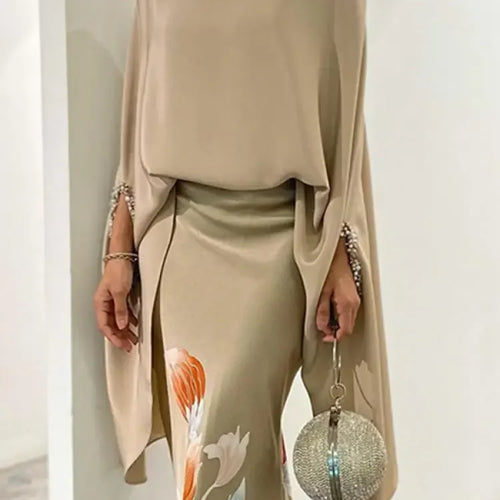 Load image into Gallery viewer, Women&#39;s Elegant Two Pieces Set 2025 New Batwing Sleeves Wrap Shirt Top High Wiast Floral Printed Skirts Evening Suits
