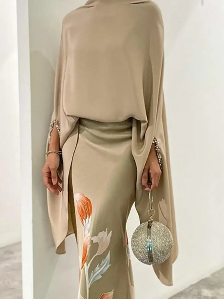 Women's Elegant Two Pieces Set 2025 New Batwing Sleeves Wrap Shirt Top High Wiast Floral Printed Skirts Evening Suits