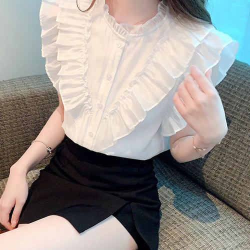 Load image into Gallery viewer, White Flying Sleeve Ruffles Women&#39;s Shirts Chic Solid Color Single Breasted Sweet Simple Female Shirt Fashion Streetwear
