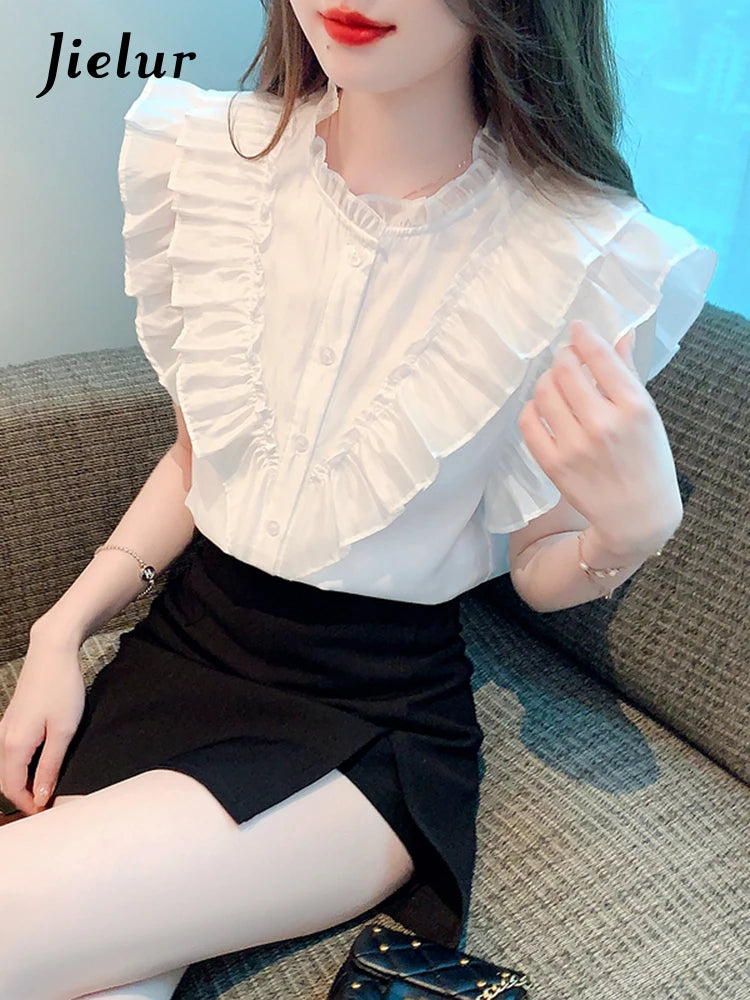 White Flying Sleeve Ruffles Women's Shirts Chic Solid Color Single Breasted Sweet Simple Female Shirt Fashion Streetwear