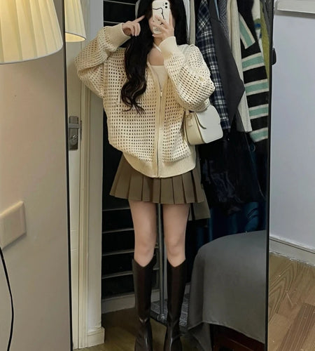 2025 Summer Y2k Aesthetic Women Cardigan Hollow Out Hooded Loose Knitted  Harajuku Casual Grunge Long Sleeve Zipper Tops