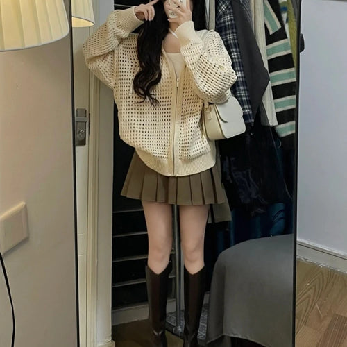 Load image into Gallery viewer, 2025 Summer Y2k Aesthetic Women Cardigan Hollow Out Hooded Loose Knitted  Harajuku Casual Grunge Long Sleeve Zipper Tops
