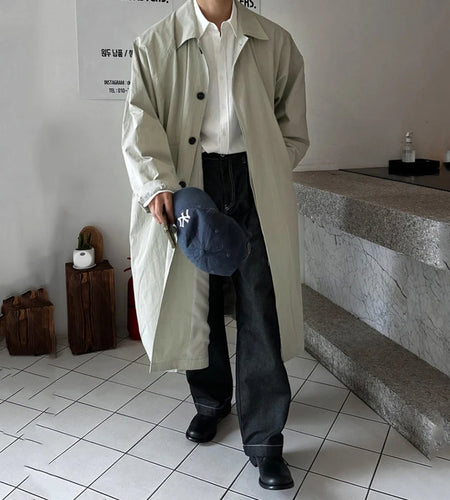 Korean Style Men's Windbreakers Turn-down Collar Single Breasted Solid Color Casual Overknee Loose Male Overcoats New9W1233