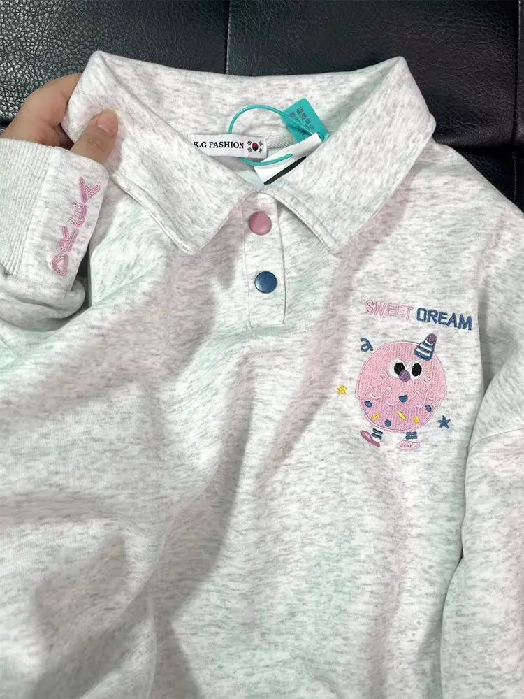 Korean Fashion 2024 Autumn Winter New Gray Letter Print Button Cotton Sweatshirt Women Long Sleeve Loose Pullover Tops Trend Y2k