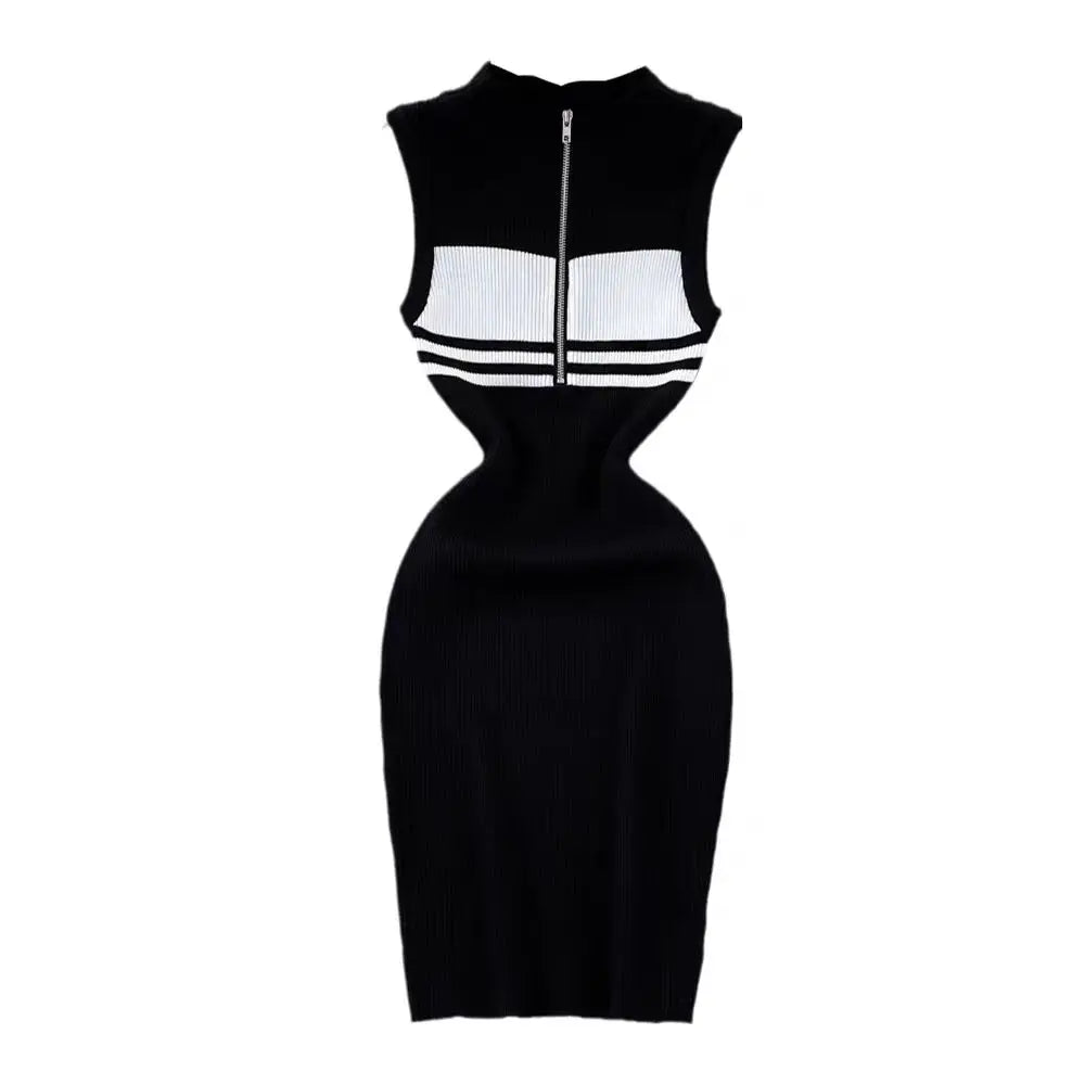 Sexy Women's Black White Stripes Patchwork Zippers Knitted Vest Dress 2024 Spring Summer Office Sleeveless Slim Party Midi Dress