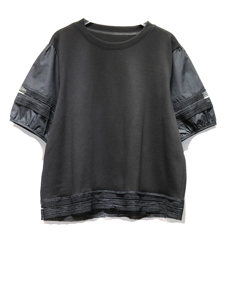Women Black Lace Hollow Out Big Size Casual T-shirt New Round Neck Short Sleeve Fashion Tide Spring Summer 2025 1DJ1136