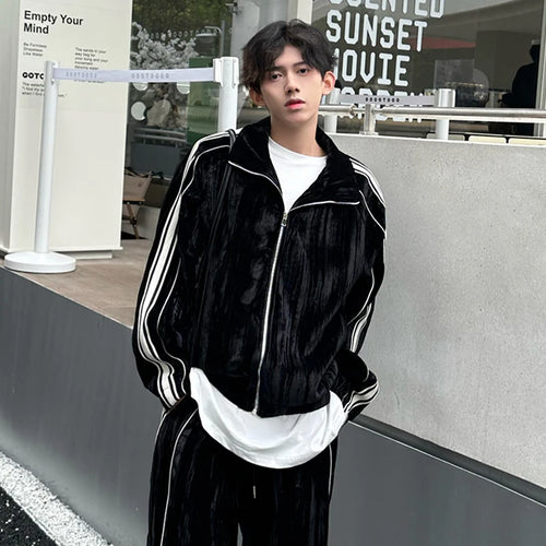 Load image into Gallery viewer, Niche Design Men&#39;s Two-piece Striped Lapel Contrast Color Jackets Straight Wide Leg Drawstring Male Sweatshirts 2025 9C9203
