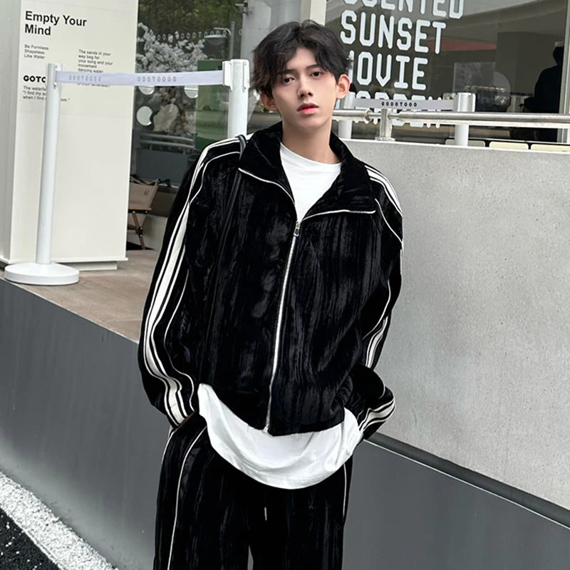 Niche Design Men's Two-piece Striped Lapel Contrast Color Jackets Straight Wide Leg Drawstring Male Sweatshirts 2025 9C9203