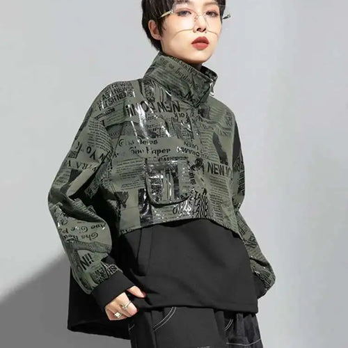 Load image into Gallery viewer, Loose Fit Printed Spliced Sweatshirt New Stand Collar Long Sleeve Women Big Size Fashion Tide Spring Autumn 2025 1DF1320
