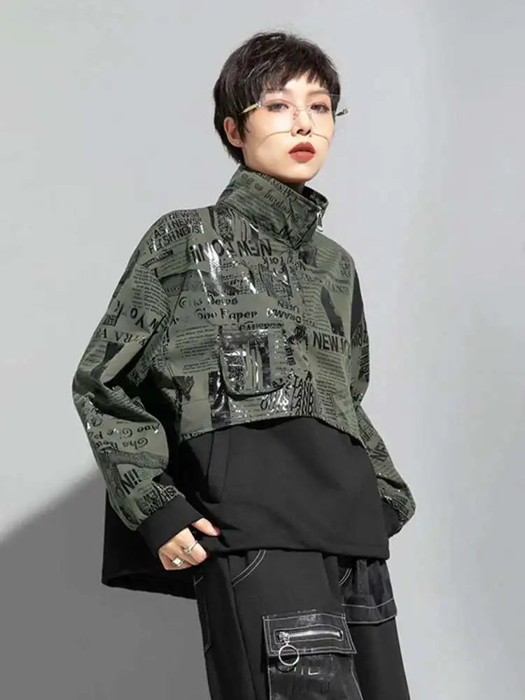 Loose Fit Printed Spliced Sweatshirt New Stand Collar Long Sleeve Women Big Size Fashion Tide Spring Autumn 2025 1DF1320