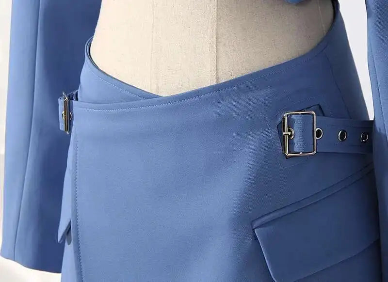 Women Blue Cross Buckle Hollow Out Blazer Dress New Lapel Long Sleeve Loose Fit Fashion Tide Spring Autumn 2025 1DE3323