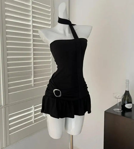 Black Elegant Sexy Club Pleated A-line Short Dress Women's Summer New Brown Sleeveless Off Shoulder Ruffled Edge Strapless Dress