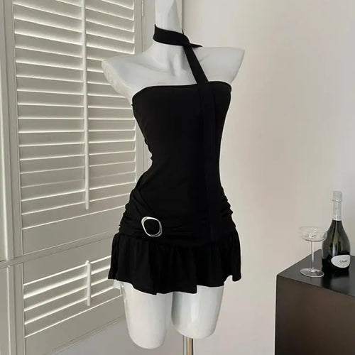 Load image into Gallery viewer, Black Elegant Sexy Club Pleated A-line Short Dress Women's Summer New Brown Sleeveless Off Shoulder Ruffled Edge Strapless Dress
