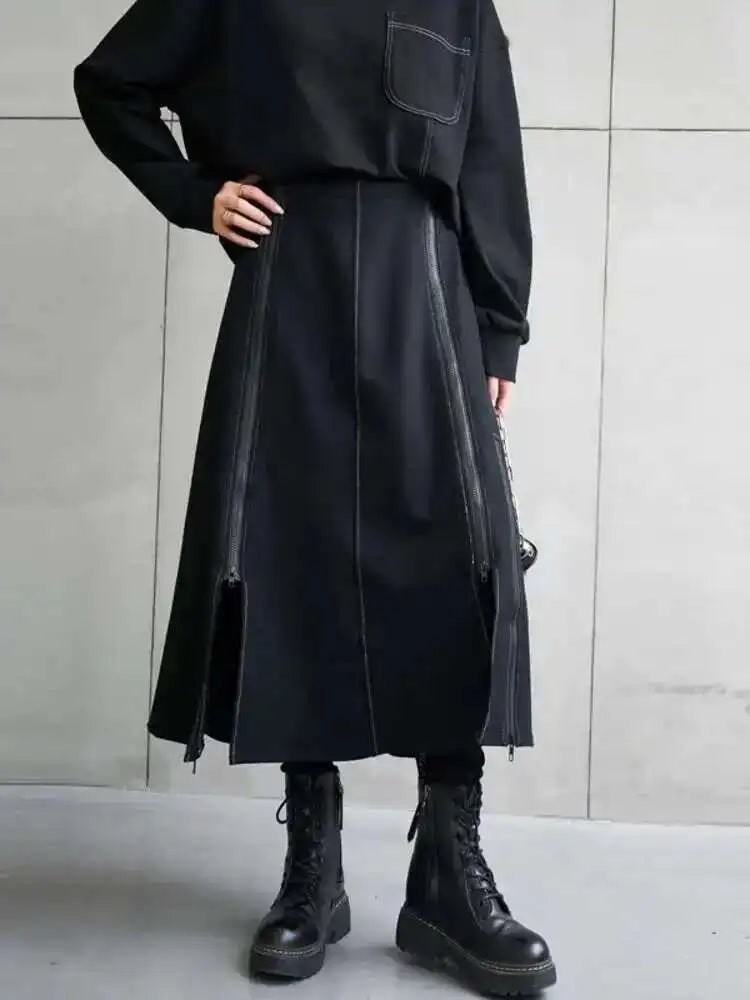 High Elastic Waist Black Zipper Irregular Casual Long Half-body Skirt Women Fashion Tide New Spring Autumn 2025 1DE1910