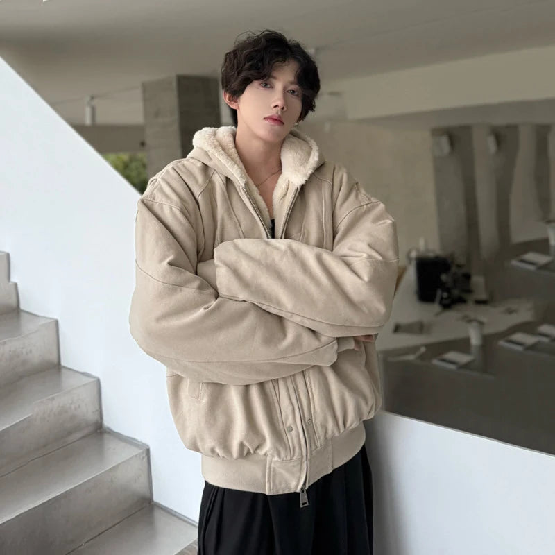 Fashion Men's Padded Jacket Hooded Solid Color Plush Thickened Male Cotton Jacket 2024 Winter Zipper Male Top 9C8758