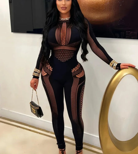 Sexy Knitted Hollow Out One Piece Pajama Tight Seductive Jumpsuit Women Elastic Slim Pencil Pants Party Night Clubwear