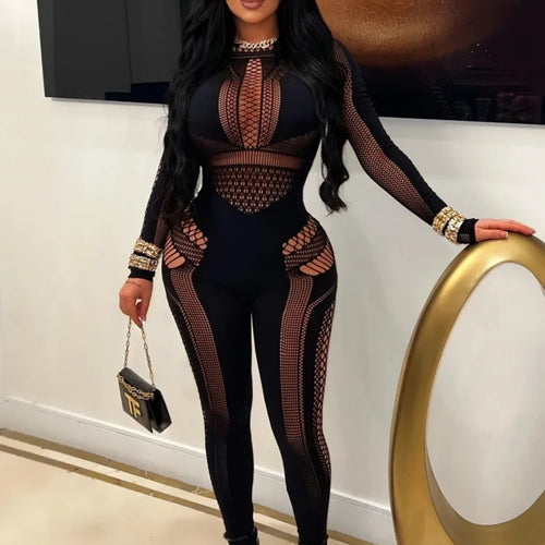 Load image into Gallery viewer, Sexy Knitted Hollow Out One Piece Pajama Tight Seductive Jumpsuit Women Elastic Slim Pencil Pants Party Night Clubwear
