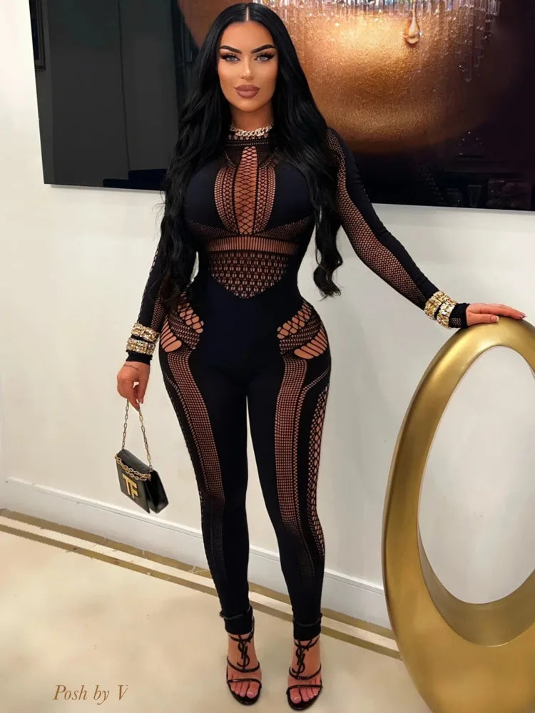 Sexy Knitted Hollow Out One Piece Pajama Tight Seductive Jumpsuit Women Elastic Slim Pencil Pants Party Night Clubwear