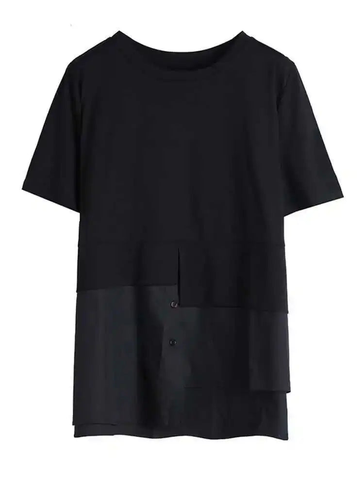 Women Red Color-block Irregular Big Size T-shirt New Round Neck Short Sleeve Fashion Tide Spring Summer  2025 1DF5310