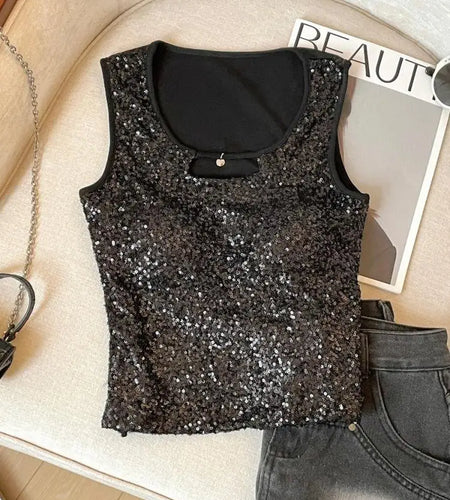 French Women Black Beige Sequin Elegant Sleeveless Vest Summer New Red Hollow Out Round Neck Holiday Short Tank Top Popular Chic