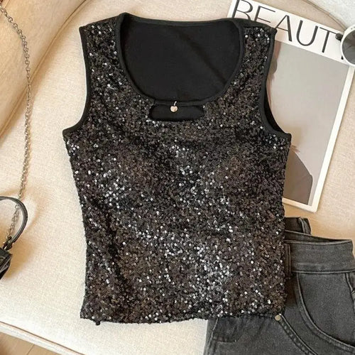 Load image into Gallery viewer, French Women Black Beige Sequin Elegant Sleeveless Vest Summer New Red Hollow Out Round Neck Holiday Short Tank Top Popular Chic
