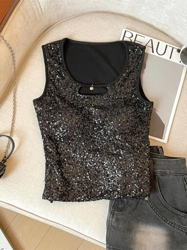 French Women Black Beige Sequin Elegant Sleeveless Vest Summer New Red Hollow Out Round Neck Holiday Short Tank Top Popular Chic