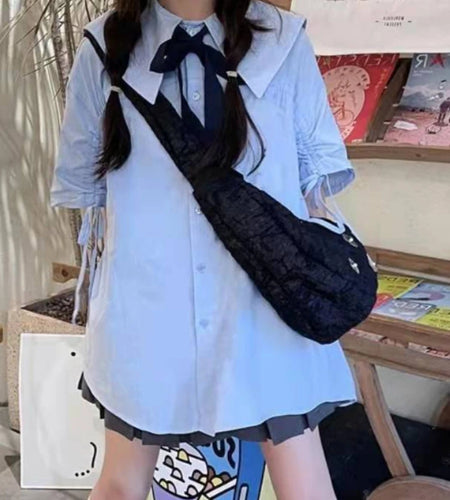 New Kawaii Turn-down Collar Blue Shirt Women Preppy Fashion Short Sleeve Oversize Blouse Female Clothing Streetwear Bow Cardigan