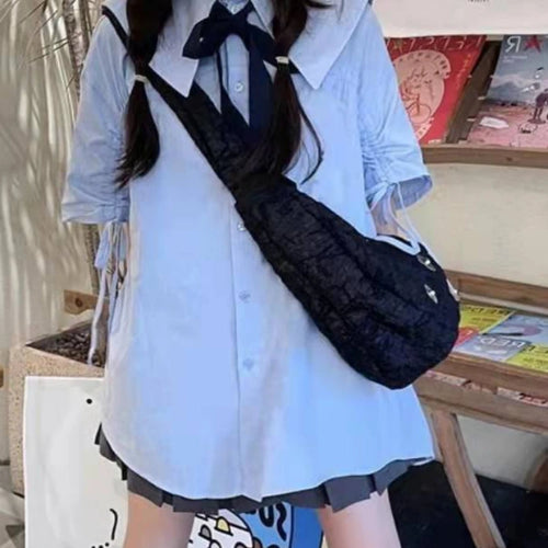 Load image into Gallery viewer, New Kawaii Turn-down Collar Blue Shirt Women Preppy Fashion Short Sleeve Oversize Blouse Female Clothing Streetwear Bow Cardigan
