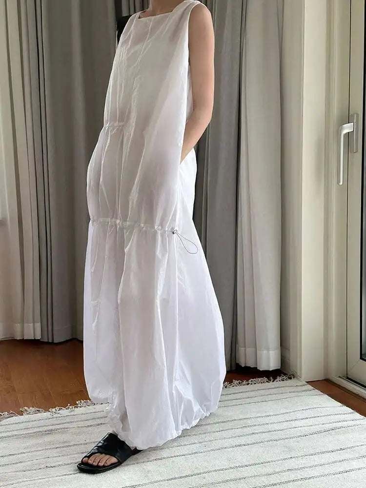Women White Gray Big Size Long Elegant Thin Dress New Square Collar Sleeveless Fashion Tide Spring Summer 2025 1DH6054