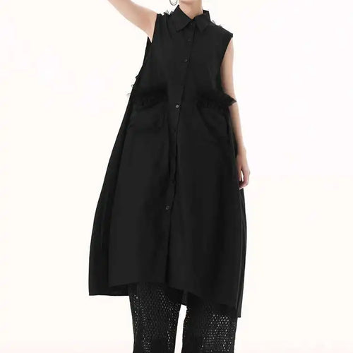 Load image into Gallery viewer, Women White Mesh Color-block Backless Big Size Shirt Dress New Lapel Sleeveless Fashion Tide Spring Summer 2025 1DH9518
