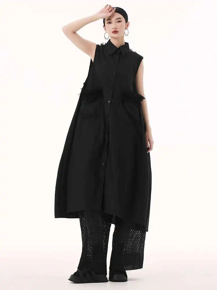 Women White Mesh Color-block Backless Big Size Shirt Dress New Lapel Sleeveless Fashion Tide Spring Summer 2025 1DH9518