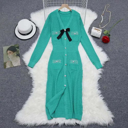 Load image into Gallery viewer, Korean Women Black White Elegant Diamond Bow Knit Dress Autumn Green Slim V Neck Office Long Sleeved High Waist Split Dress Chic
