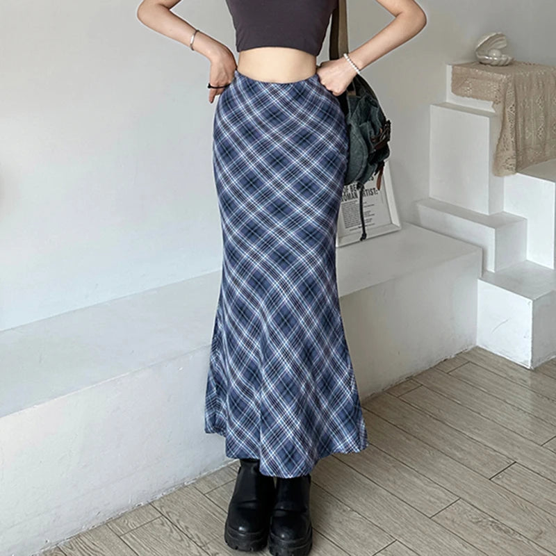 Vintage Korean Plaid Skirt Female Slim Slit Autumn Elegant Preppy Style Long Skirt Outfits Basic Y2K Aesthetic Bottom