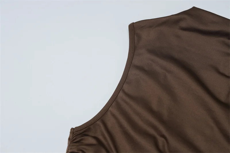 Summer Ruched Split Maxi Dress Women Gown Fashion Solid O Neck Sleeveless High Waist Tank Dress 2025 New Dresses