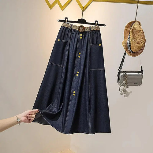 Load image into Gallery viewer, Spring Summer Vintage Blue Single Breasted Party Pleated Denim Midi Skirt Women Elastic High Waist Large Size Pockets Jean Skirt
