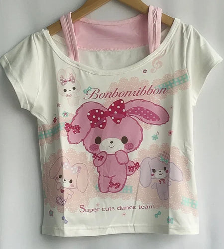 Japanese Woman Tshirts Chic Fake Two Summer Tees Crop Tops 2024 Ropa Mujer Cute Anime Print Casual Y2k T Shirt Shirts for Women