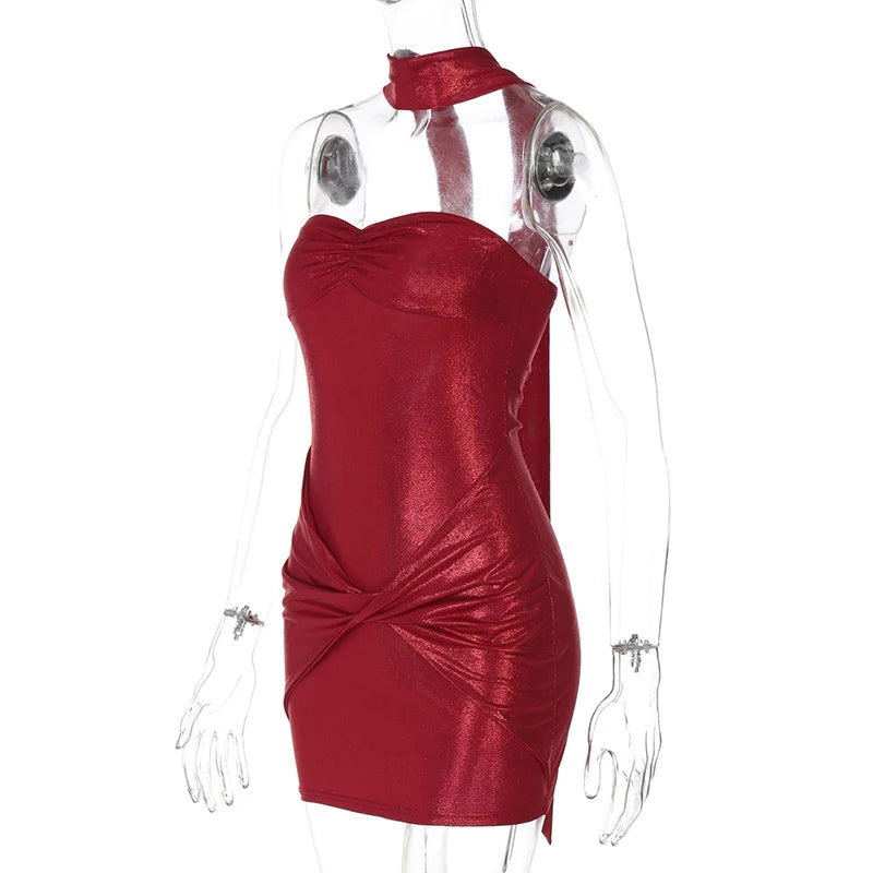 Halter Strapless Ruched Sexy Mini Dress For Women Robe Fashion Solid Off-shoulder Backless Sleeveless Club Dress New