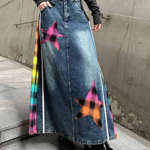 Load image into Gallery viewer, High Elastic Waist Blue Back Plaid Denim Long A-line Half-body Skirt Women Fashion Tide New Spring Autumn 2025 1DH8117

