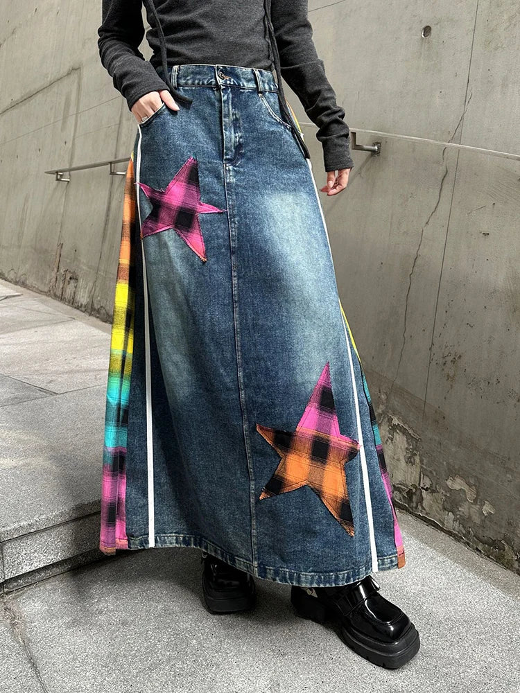 High Elastic Waist Blue Back Plaid Denim Long A-line Half-body Skirt Women Fashion Tide New Spring Autumn 2025 1DH8117