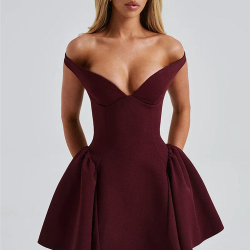 Load image into Gallery viewer, Off-shoulder Backless Sexy Mini Dress For Women Wine Red Sleeveless Strapless High Waist A-line Club Party Sexy Dress
