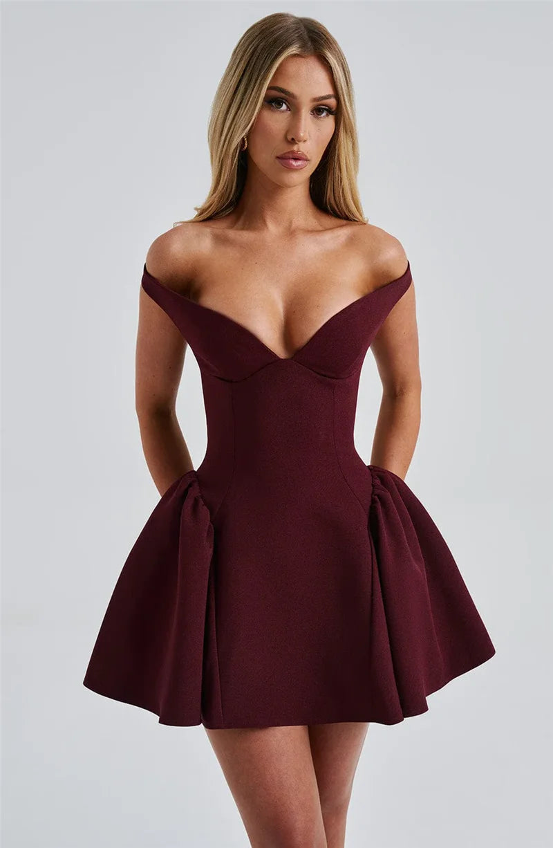 Off-shoulder Backless Sexy Mini Dress For Women Wine Red Sleeveless Strapless High Waist A-line Club Party Sexy Dress