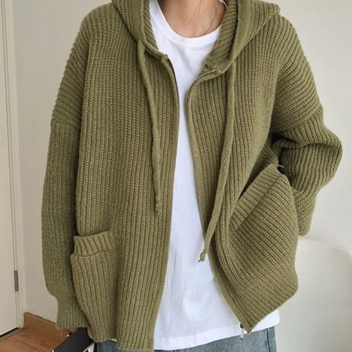 Load image into Gallery viewer, Double Zipper Women Y2k Knitwear Autumn Ladies Streetwear Jacket Sweater Coat Grunge Vintage Loose Solid Hooded Cardigans Damski
