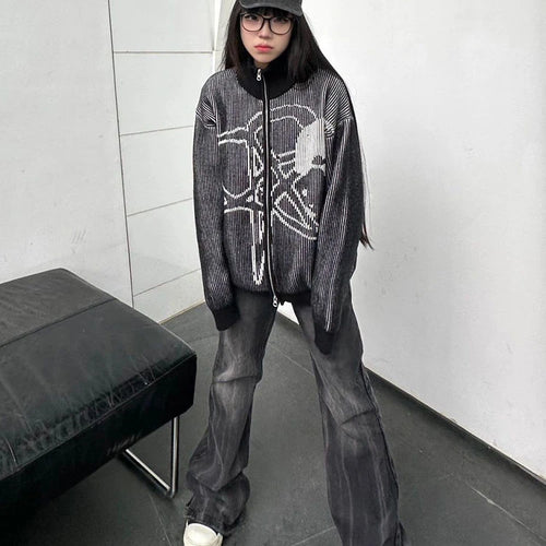 Load image into Gallery viewer, 2025 Vintage Star Jacquard Y2k Aesthetic Jacket Women Men Double Zipper Casual Jackets Oversized Harajuku Stand Neck Grunge Coat
