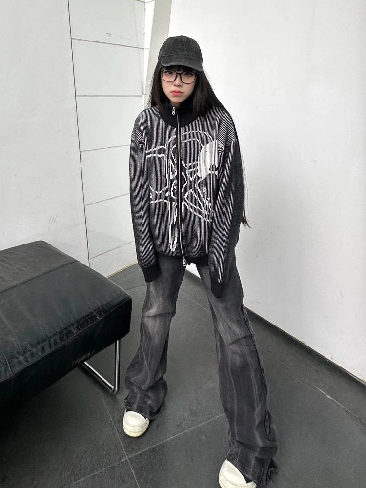 2025 Vintage Star Jacquard Y2k Aesthetic Jacket Women Men Double Zipper Casual Jackets Oversized Harajuku Stand Neck Grunge Coat