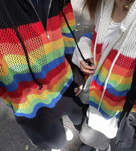 Vintage Striped Cardigan Hollow Out Y2k Aesthetic Hooded Drawstring Sweater Coat Harajuku Zipper Kardigany Jumper Pull Femme